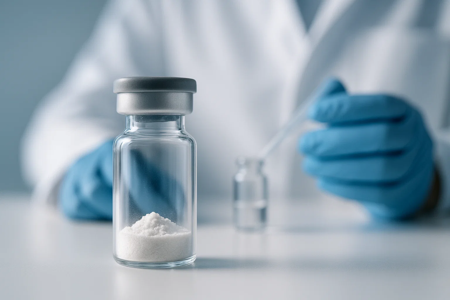 Research-grade peptide powder in a glass vial on a laboratory bench with a researcher in the background.