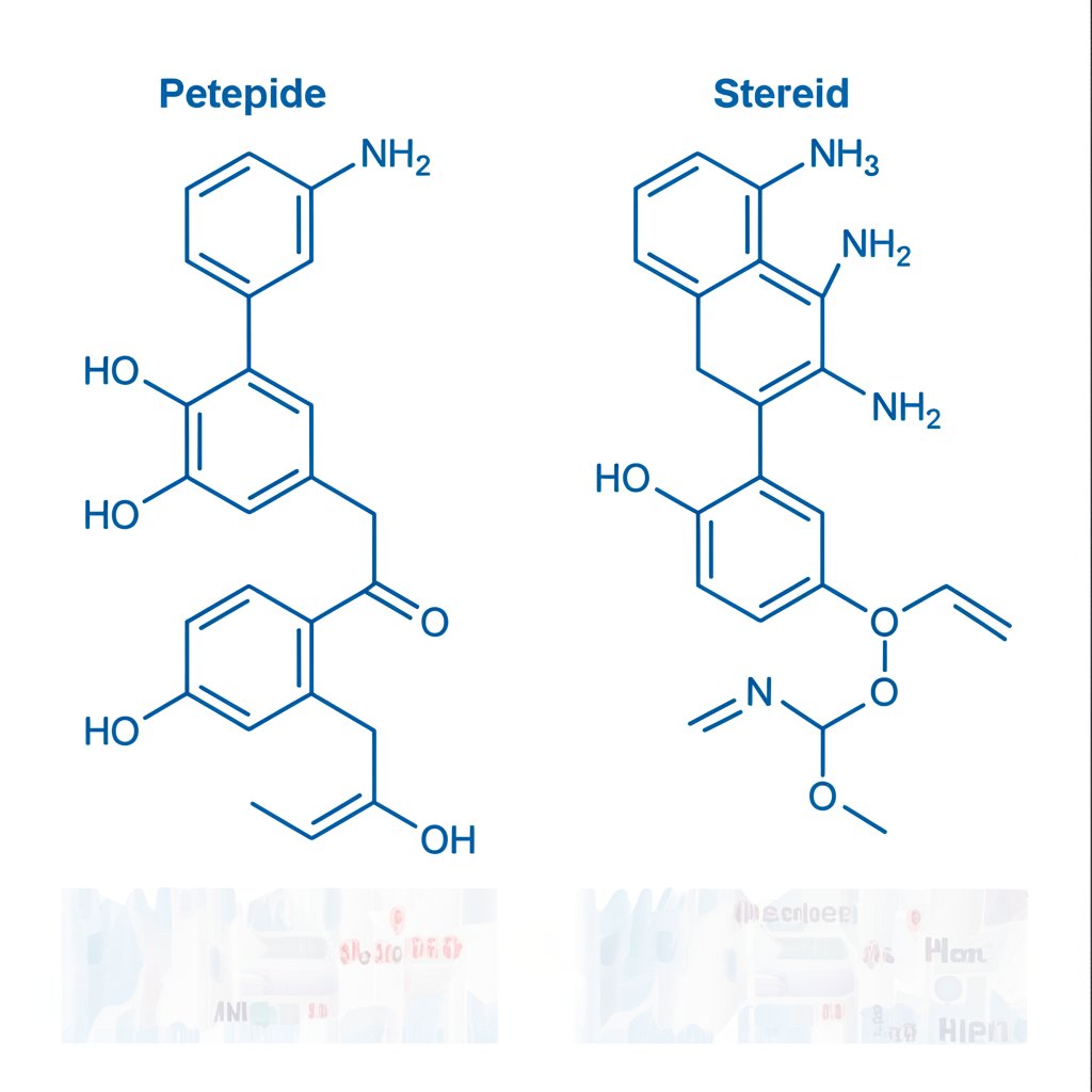 Scientific illustration comparing peptide and steroid molecular structures in muscle research laboratory
