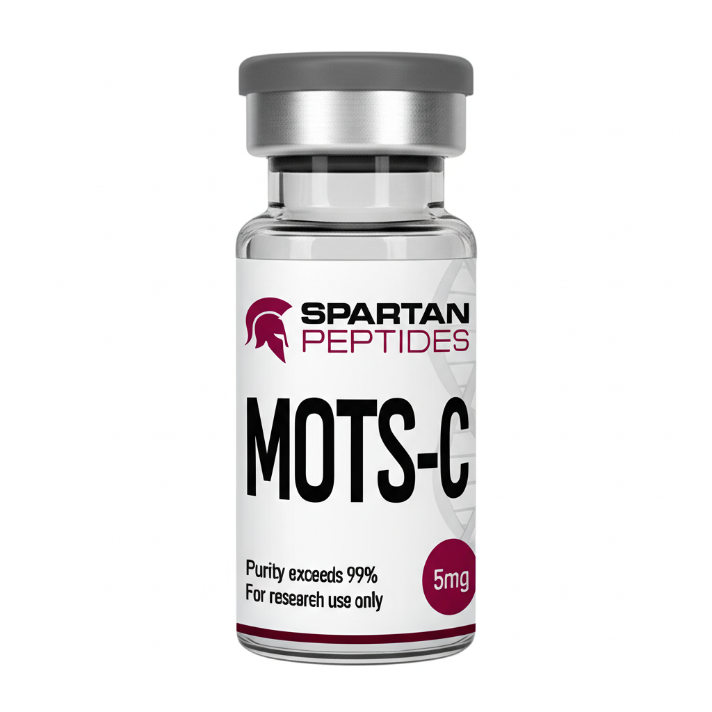Spartan Peptides MOTS-C 5mg research vial with branded label and the production of energy (ATP), representing the origin of the MOTS-c peptide.