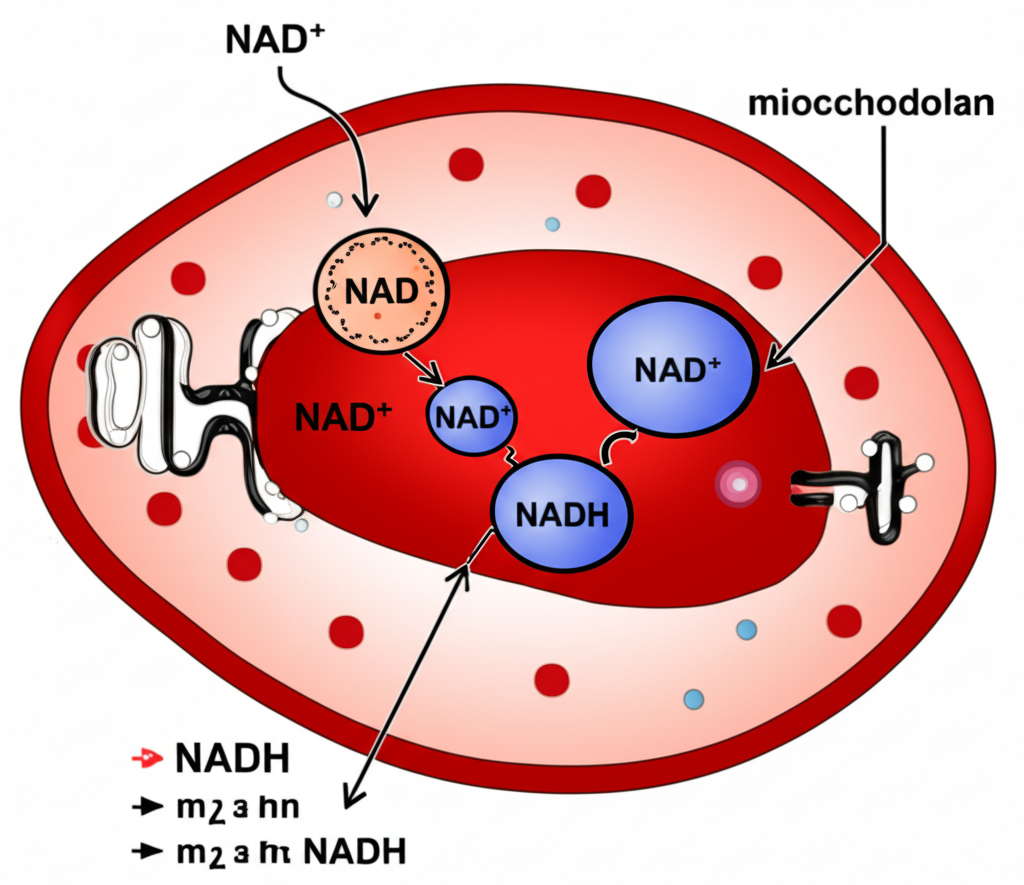 Scientific illustration of NAD+ molecule showing electron transfer between NAD+ and NADH in mitochondria