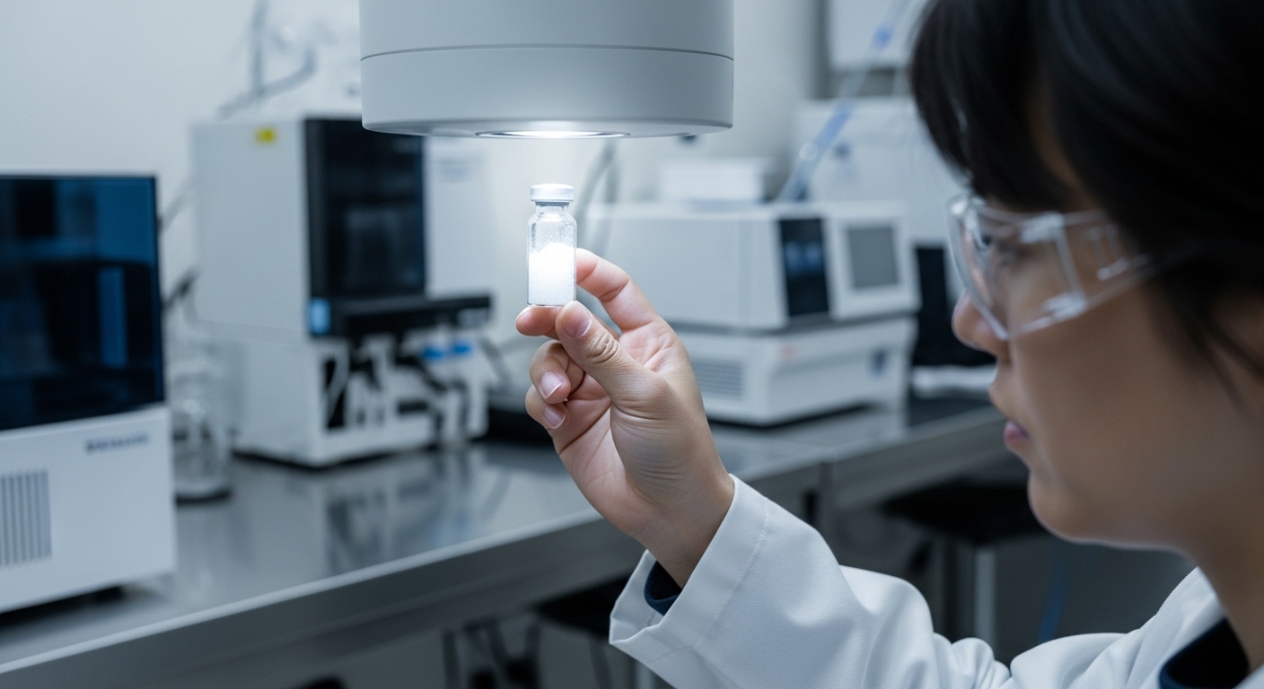 Researcher inspecting research peptide vial quality in a laboratory setting