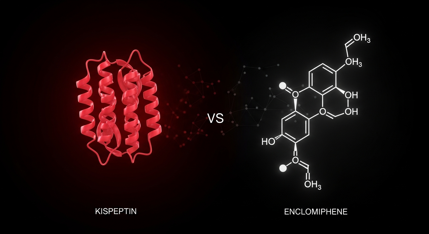 Kisspeptin peptide and enclomiphene molecular structures comparison in research context