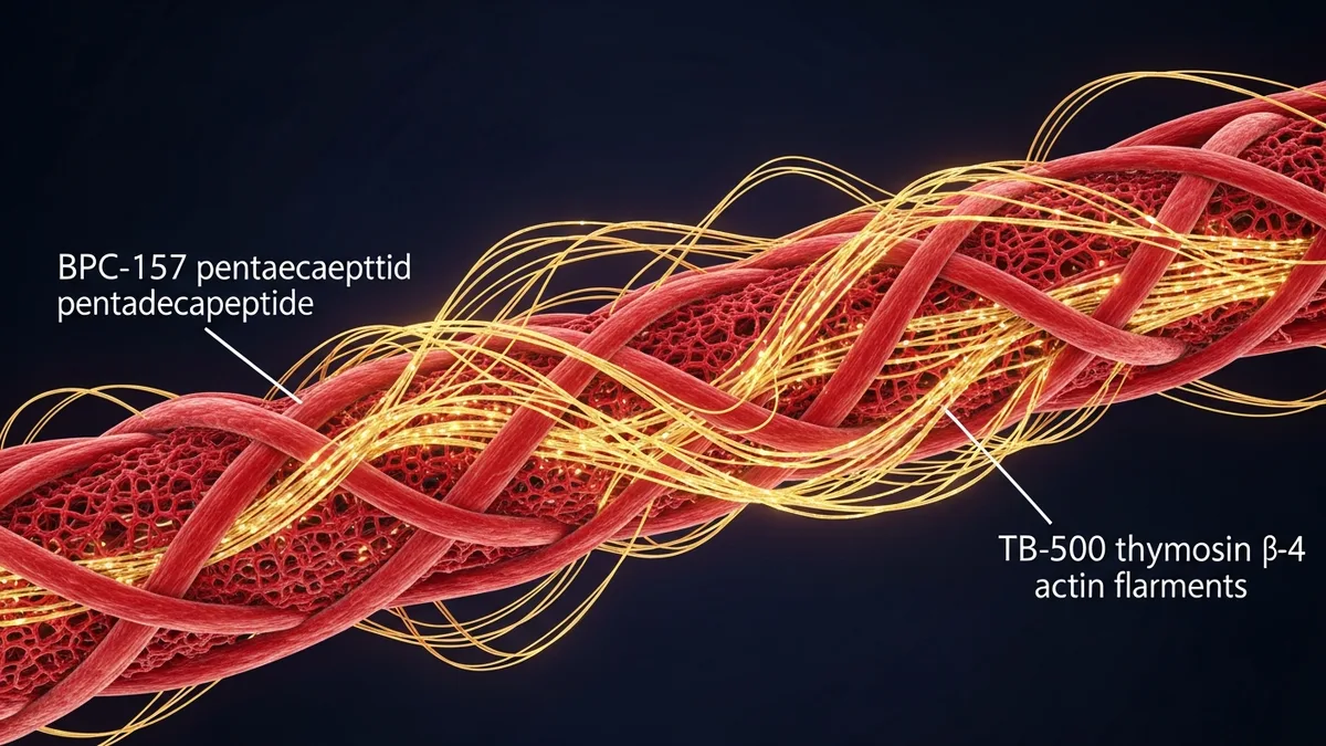 BPC-157 tendon collagen weave TB-500 actin angiogenesis wolverine recovery dual cascade research illustration | Spartan Research