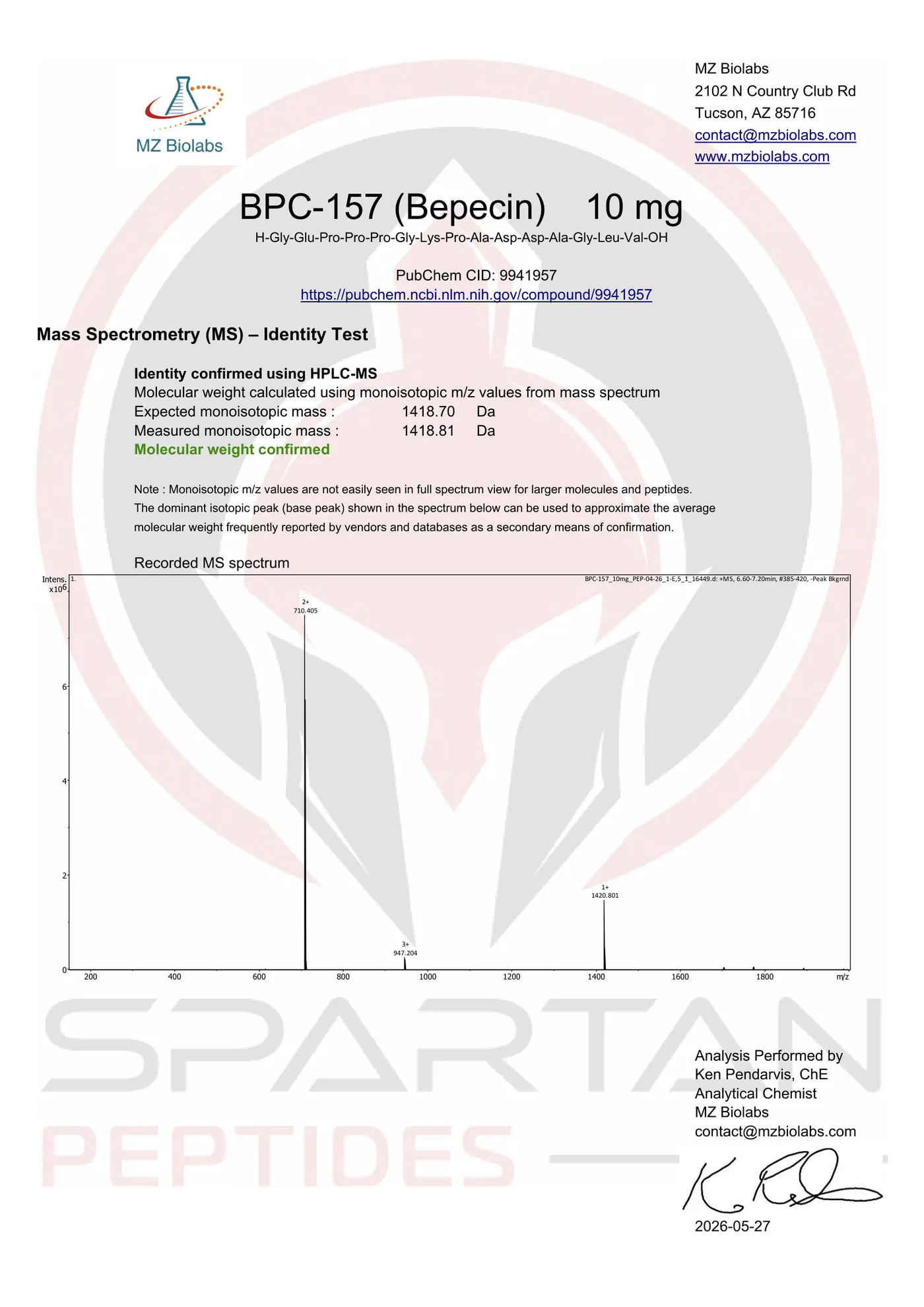 Certificate of Analysis page 2, mass spectrometry identity confirmation by MZ Biolabs