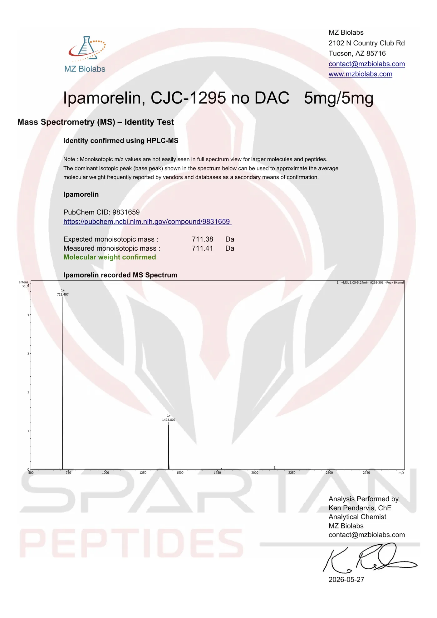 Certificate of Analysis page 2, mass spectrometry identity confirmation by MZ Biolabs