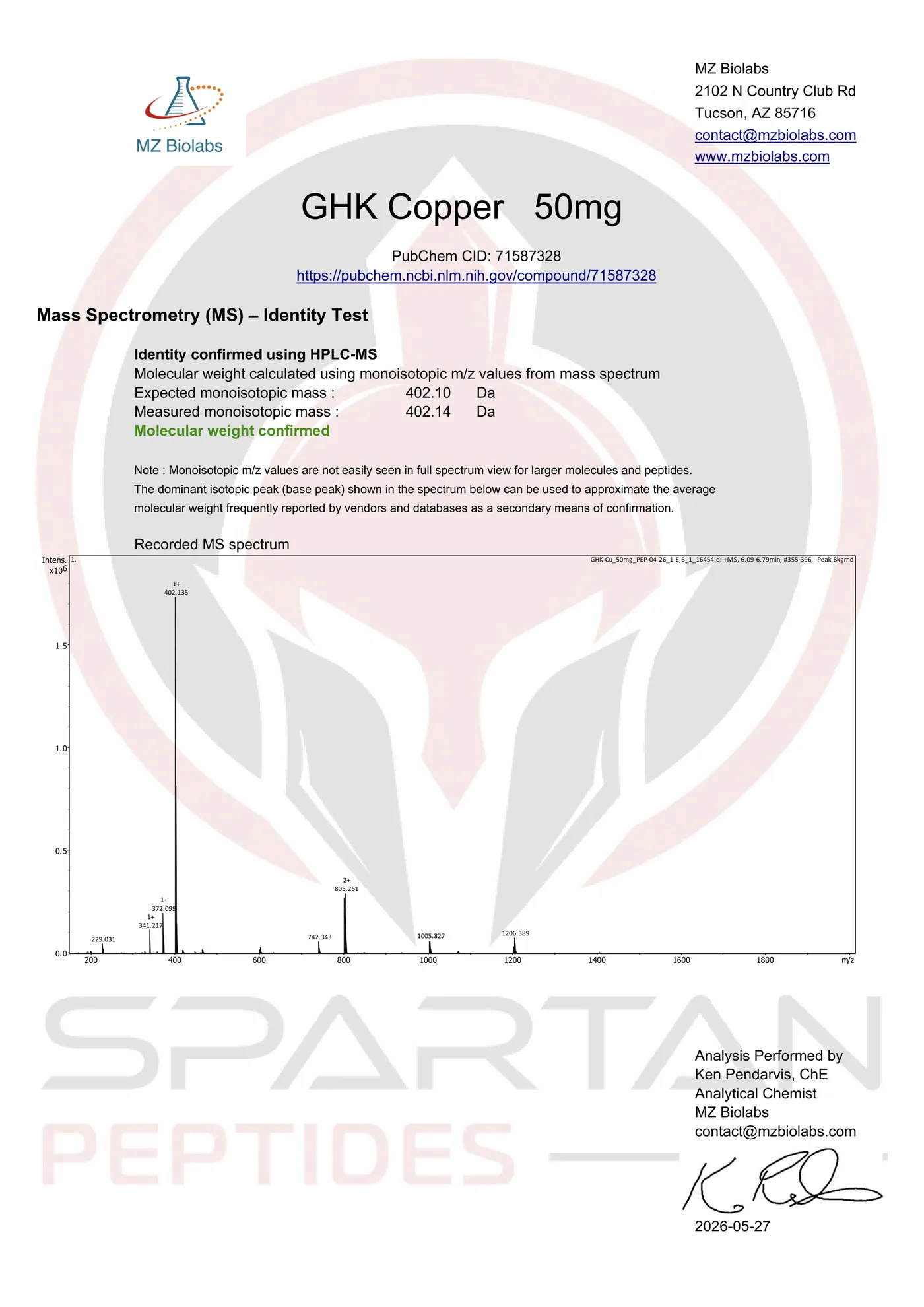 Certificate of Analysis page 2, mass spectrometry identity confirmation by MZ Biolabs