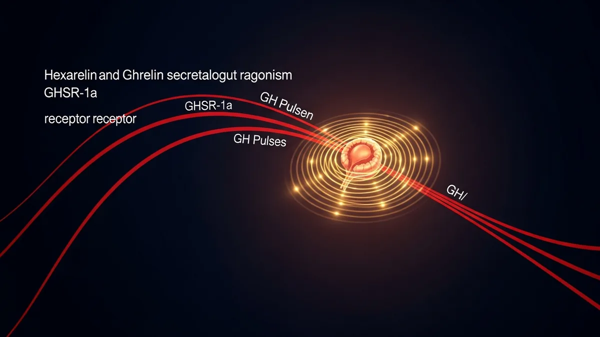 hexarelin GHSR-1a ghrelin receptor agonism pituitary GH secretagogue binding cascade illustration | Spartan Research